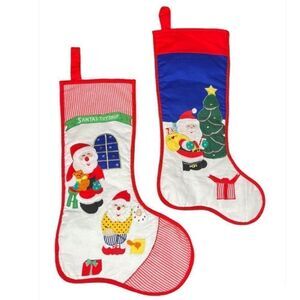 Handmade Set of 2 Vintage Christmas Stockings Festive Santa
